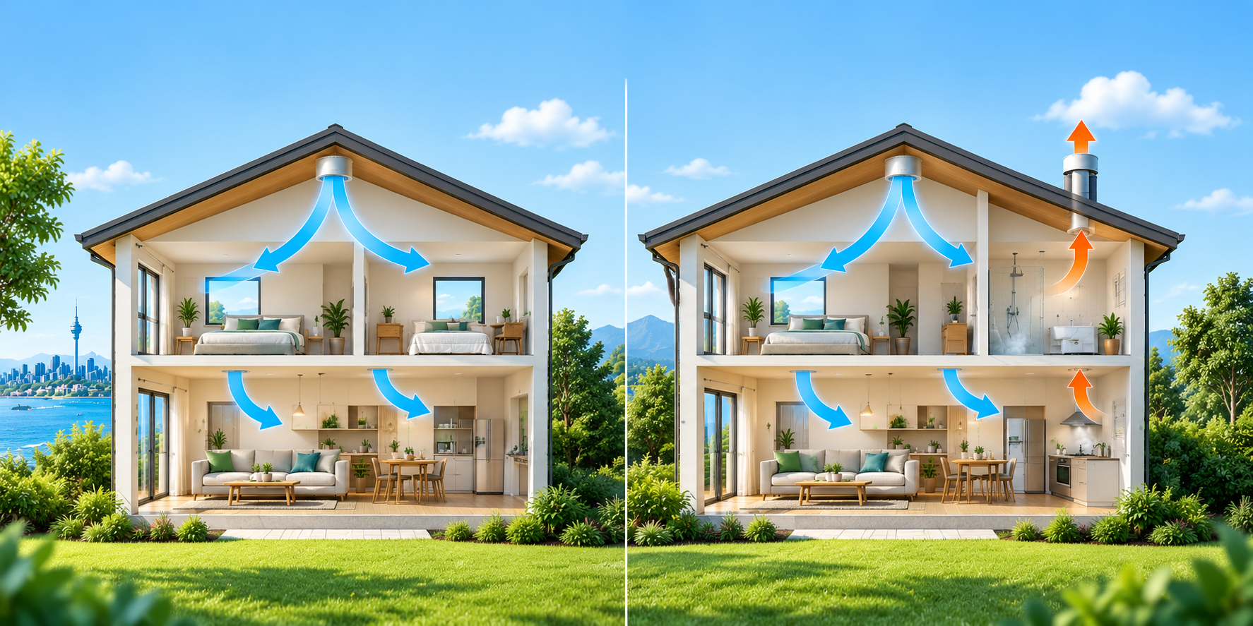 Cutaway homes showing fresh-air supply for positive pressure ventilation and fresh-air supply with local extraction for bathrooms and kitchens